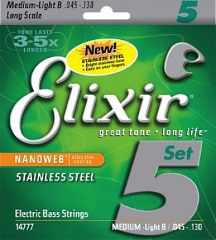 Струны для 5-ти струнной бас-гитары 45-130 Elixir 14777 Stainless Steel Nanoweb 
Coated